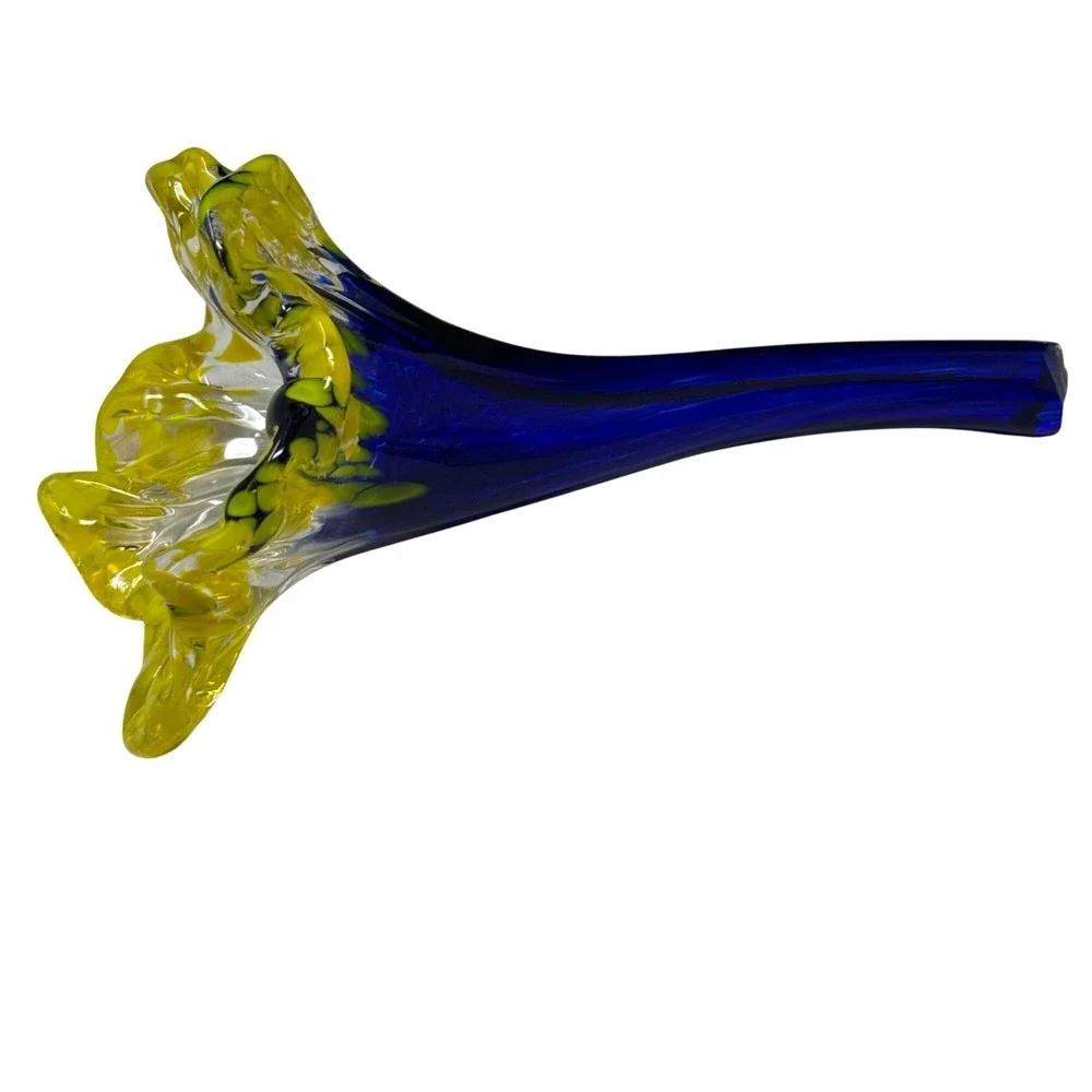 Hand Blown‎ Flower Glass Art Yellow Blue 8.5